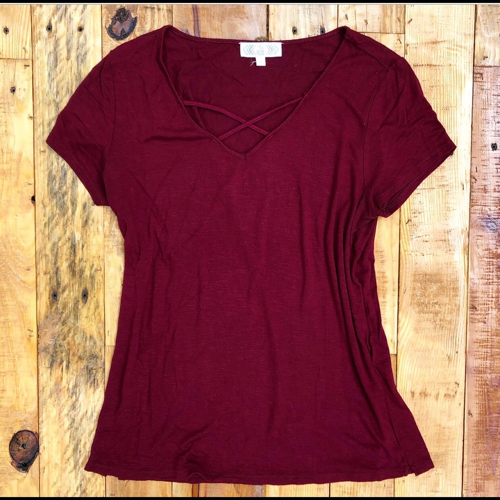 PINK ROSE S.Sleeve Burgundy Criss Cross Neck Tee-L
